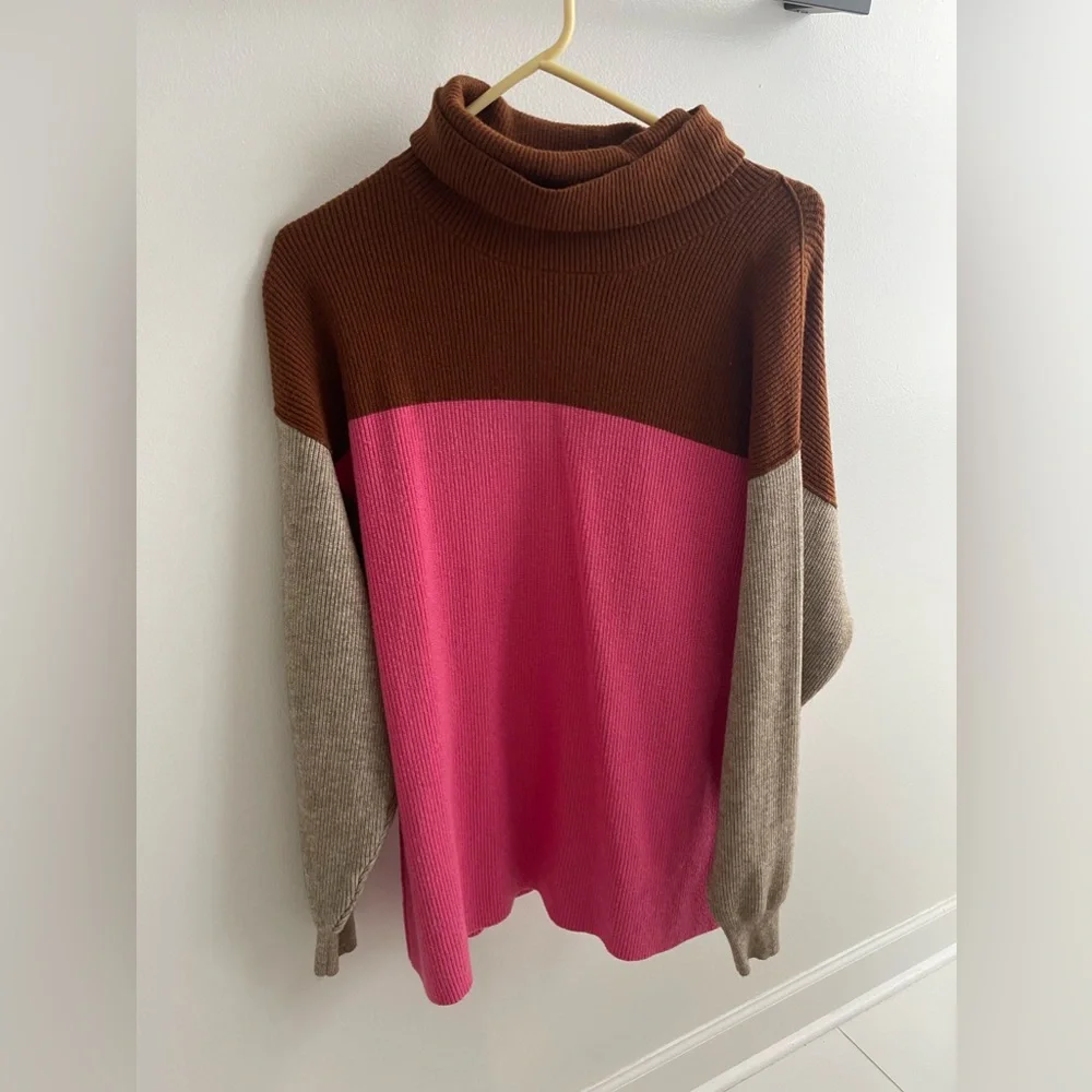 Free People Colorblock Turtleneck Sweater in Brown, Pink & Tan
